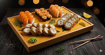 mozzarella pendiri: Sushi və roll assortisi – böyük taxta ləvədə müxtəlif növdə dəst - — 1