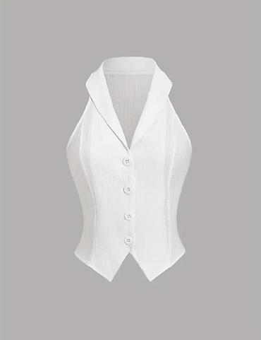 xez jiletler: Ağ rəngli qadın jilet-top - Dizayn: Halter tipli yaxa, dərin V kəsim — 2