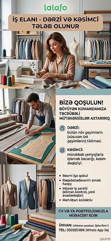İş elanıdır: Dərzi və Kəsimçi Böyüyən komandamıza təcrübəli