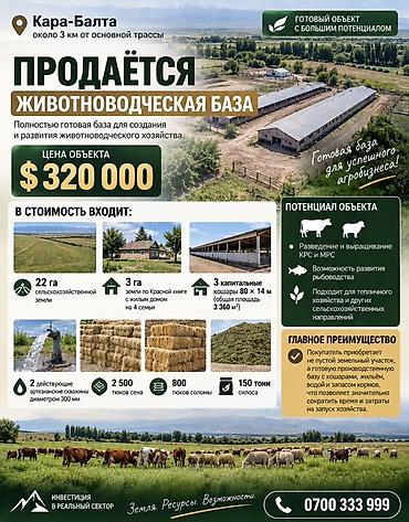 Коммерциялык мүлк: Мүйүздүү бодо мал фермасы, 2500 соток, Иштеп жаткан, Жабдуулары менен, Скважина — 1