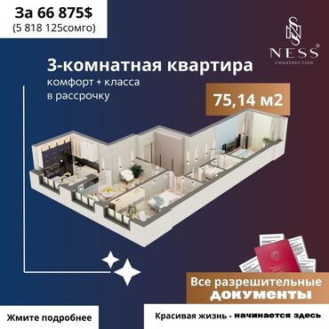 тунгуч 1 ком квартира: Курулуп жатат, Элитка, 3 бөлмө, 75 кв. м