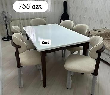 Yemək masası və 6 stul dəsti - Dördkünc yemək masası: parlaq ağ üst