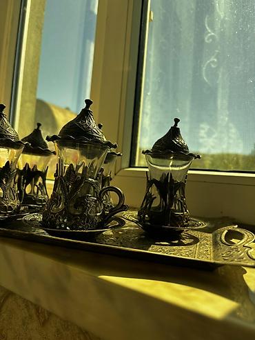 demir stekan: Çay dəsti, rəng - Qızılı, Metal, 6 nəfərlik, Türkiyə — 2