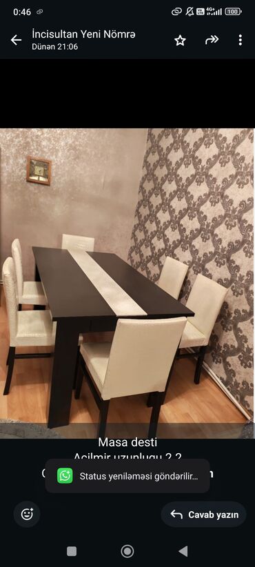 Divan və masa dəstləri: Qonaq otağı üçün, İşlənmiş, Dördbucaq masa, 6 stul