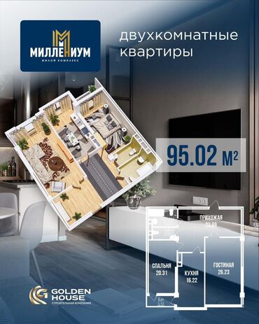 квартира ахунбаева чапаева: 2 бөлмө, 95 кв. м, Элитка, 10 кабат, ПСО (өзү оңдоп түзөтүп бүтүү үчүн)