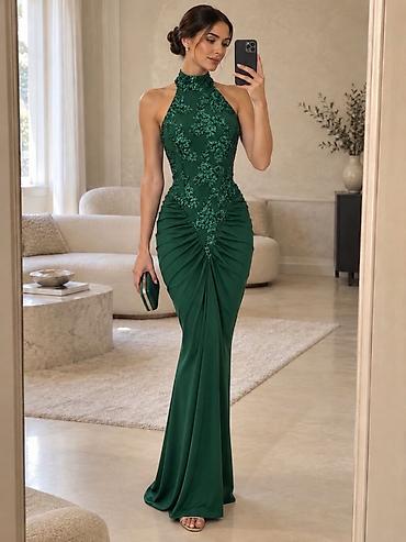 svileni top: Elegantna večernja haljina – duga, uska silueta sa visokim strukom i — 2