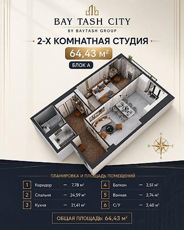 2 комнаты, 64 м², Кок-Жар мкр Элитка, 10 этаж, ПСО (под самоотделку)