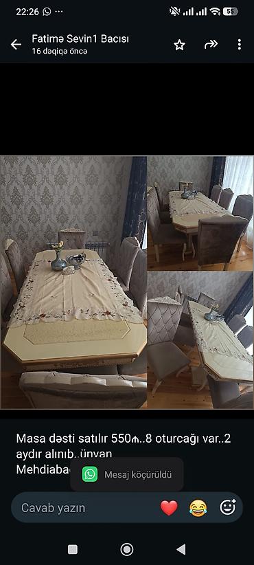 Masa dəsti satılır 550₼. 8 oturcağı var. 2 aydır alınıb. ünvan lalafo.az -da Masa dəsti satılır 550₼. 8 oturcağı var. 2 aydır alınıb. ünvan