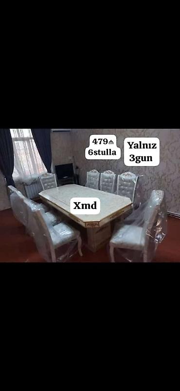 Yemək otağı dəsti – masa + 6 stul - Klassik dizaynlı, bəzək naxışları