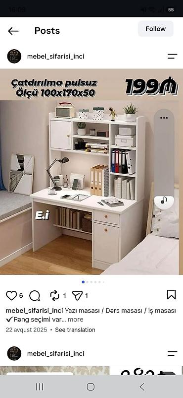 Yazı/Dərs/İş masası – funksional üst dolablı model Ölçü: 100 x 170 x