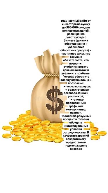 инвестора: Ищу частный заем от инвестора до 500 000 сом под конкретные цели: - — 1