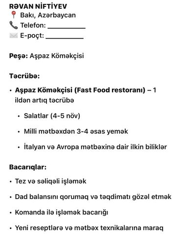 Taksi, logistika, çatdırılma: Aşpaz . 1-2 illik təcrübə