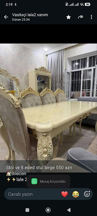 Stol ve 8 eded stul birge 550 azn
🏡Bileceri
⚡️⚡️lale 2 kod 10