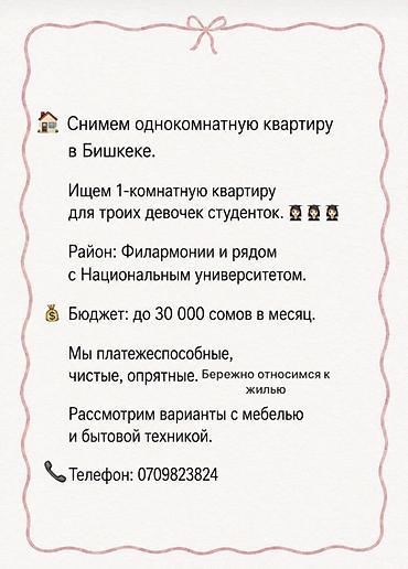 Батирди ижарага алам: Снимем 1‑комнатную квартиру в Бишкеке для трёх студенток. - — 1