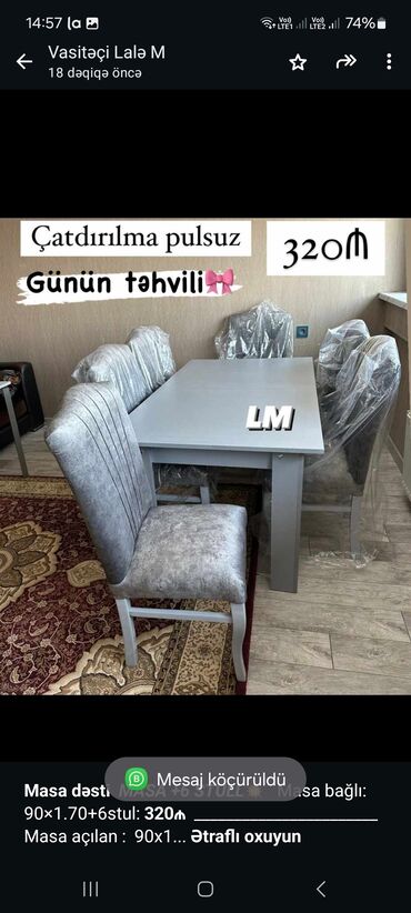 bag stol stullari: *Masa dəsti* _*MASA +6 STULL💥*_ Masa bağlı: 90×1.70+6stul: *320₼*