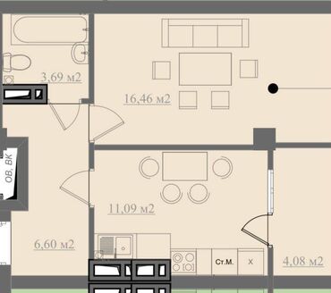 квартиры в рассрочку в бишкеке: 1 комната, 42 м², Элитка, 2 этаж, ПСО (под самоотделку)