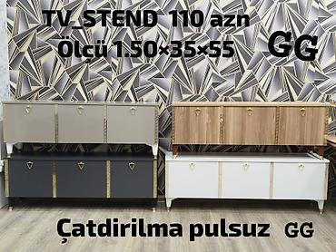 qiz yataqlari: TV stend. Ölçüsü 1.50×35×55 sm. Şəkildə müxtəlif rəng seçimləri təqdim — 1