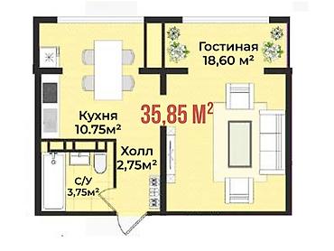 act: 1 комната, 35 м², Аламудун с. 106 серия улучшенная, 2 этаж, ПСО (под самоотделку) — 2