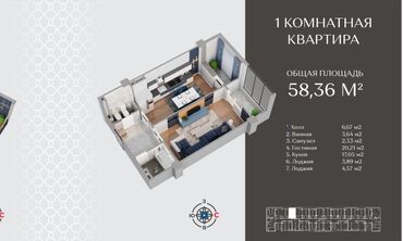 кв дордой: 2 комнаты, 59 м², Элитка, 11 этаж, ПСО (под самоотделку)