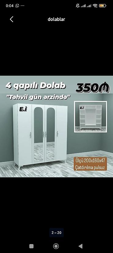 4 qapılı paltar dolabı - Rəng: ağ - Ön tərəfdə 2 ədəd tam boy güzgü