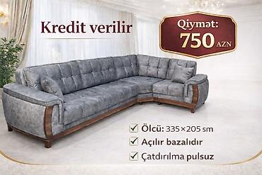 stol taxta: Künc divan dəsti – müasir dizaynlı, boz rəngli, taxta dekorlu. - — 1