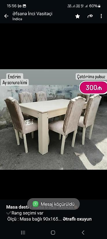 usdular: *Masa dəsti / Masa 6 stul 300Azn💥* ✔️Rəng seçimi var Ölçü : Masa — 2