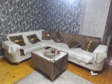 divan ucun ortukler: Künc divan və qonaq otağı dəsti - Künc divan: L formalı, bej-qəhvəyi