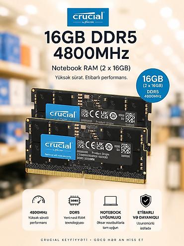 komputer nesilleri: Operativ yaddaş (RAM) Crucial, 32 GB, > 4000 Mhz, DDR5, Noutbuk üçün, İşlənmiş — 1