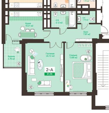 2 комнатные квартиры в новостройках: 2 бөлмө, 62 кв. м, Элитка, 12 кабат, ПСО (өзү оңдоп түзөтүп бүтүү үчүн)