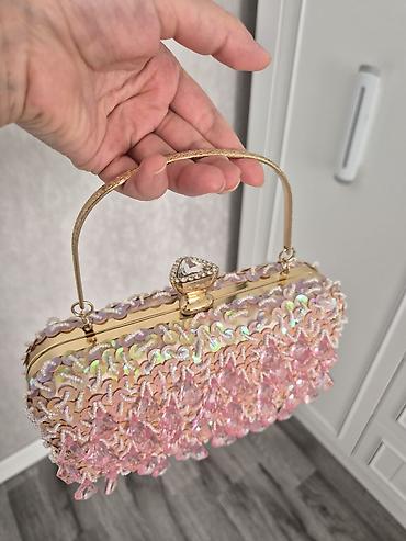 toy sumkalari: Məhsul: Pink Sequins Top Handle Evening Box Clutch Purse With Chain — 2