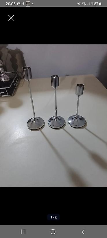 ev kaktusu: Məhsul: 3-lü metal şamdan dəsti - Material: parlaq xrom örtüklü metal — 2