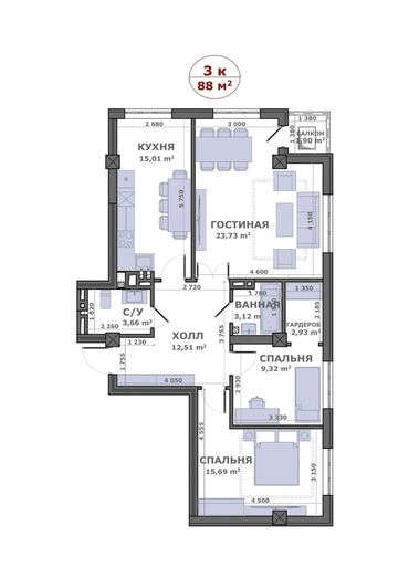 Продажа квартир: 3 комнаты, 88 м², Элитка, 9 этаж, ПСО (под самоотделку)