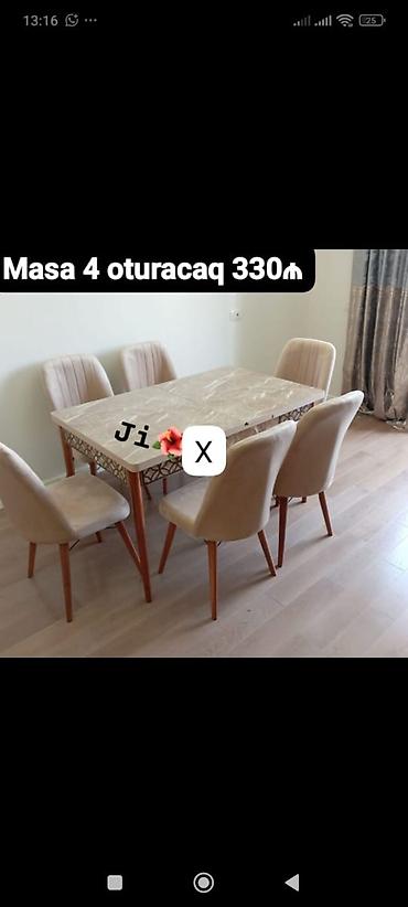 Mətbəx/Qonaq otağı üçün masa və 4 ədəd oturacaq dəsti. - Masa: mərmər