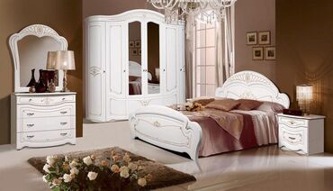спальня гарнитуры из дерева: Спальный гарнитур, Двуспальная кровать, Шкаф, Комод, цвет - Белый, Новый