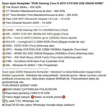 Masaüstü kompüterlər və iş stansiyaları: Oyun üçün Kompüter "RGB Gaming Core i5 4570 GTX1050 2GB 256GB NVME” — 2