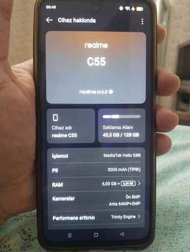 simsiz mikrafon: Realme C55, 128 GB, rəng - Qara, Zəmanət, Düyməli, Sensor
