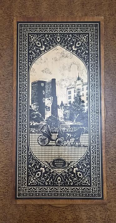 nərd daşı: Ağ-qara ornamentli, “Old Baku – Maiden’s Tower” temalı taxta nərd — 1