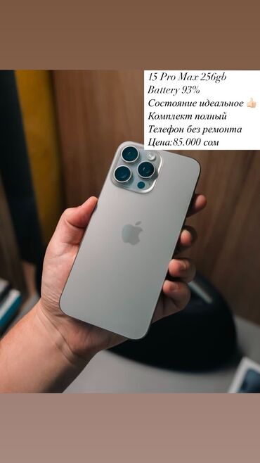 Apple iPhone: IPhone 15 Pro Max, Б/у, 256 ГБ, Natural Titanium, Зарядное устройство, Защитное стекло, Чехол, 93 %