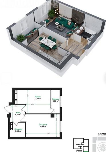 554: 1 комната, 40 м², Тунгуч мкр Элитка, 9 этаж, ПСО (под самоотделку) — 3