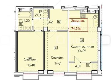 Квартиры: 3 комнаты, 75 м², Элитка, 13 этаж, ПСО (под самоотделку) — 1