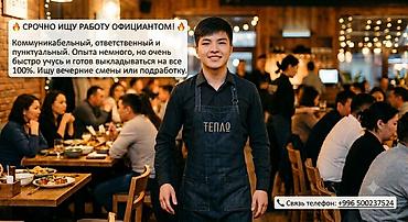 официант керек: Услуга: поиск работы официантом (вечерние смены или подработка). О — 1