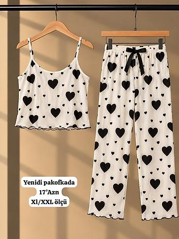 Qadın pijama dəsti – 2 hissə: - Üst: nazik askılı, açıq ağ rəng