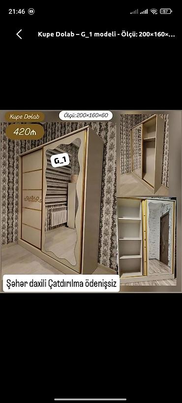 Dolablar: Kupe Dolab – G_1 modeli - Ölçü: 200×160×60 sm - Sürgülü qapılar - Ön — 1