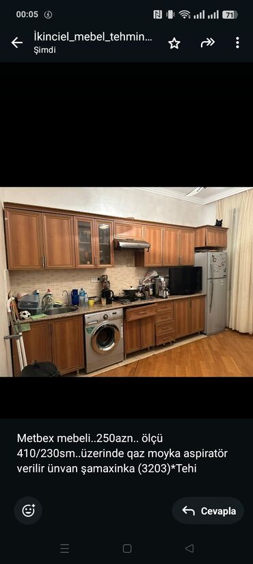 Divanlar: Metbex mebeli. 250azn. ölçü 410/230sm. üzerinde qaz moyka aspiratör