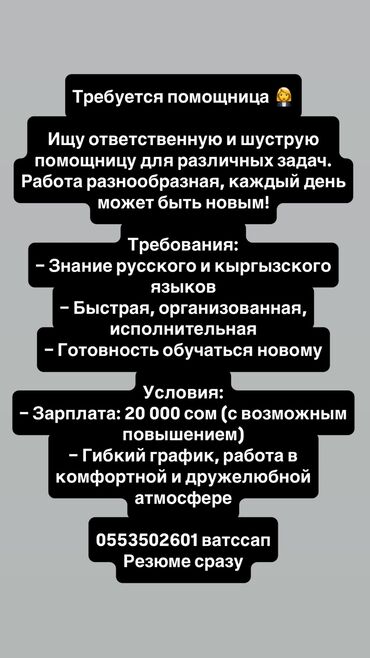 подработка в бишкеке ежедневная оплата телеграм: Требуется помощница 👩‍💼 Ищу ответственную и шуструю помощницу для