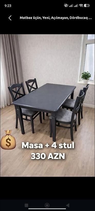 stol stul sumqayit: Mətbəx üçün, Yeni, Açılmayan, Dördbucaq masa, 4 stul — 1