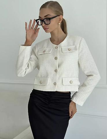 white coat: Жакет твидовый укороченный, молочно‑белый голубой, черный — 1