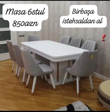 Masa və oturacaq dəstləri: Qonaq otağı üçün, Yeni, Açılmayan, Dördbucaq masa, 6 stul — 28