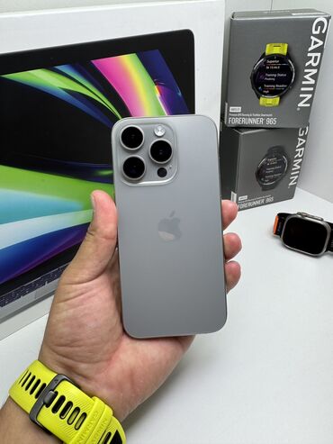 плисос ош: IPhone 15 Pro, Б/у, 128 ГБ, Natural Titanium, Зарядное устройство, Защитное стекло, Чехол, В рассрочку, 90 %