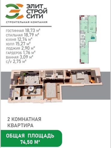 дом в ак орго: 2 комнаты, 74 м², Элитка, 6 этаж, ПСО (под самоотделку)